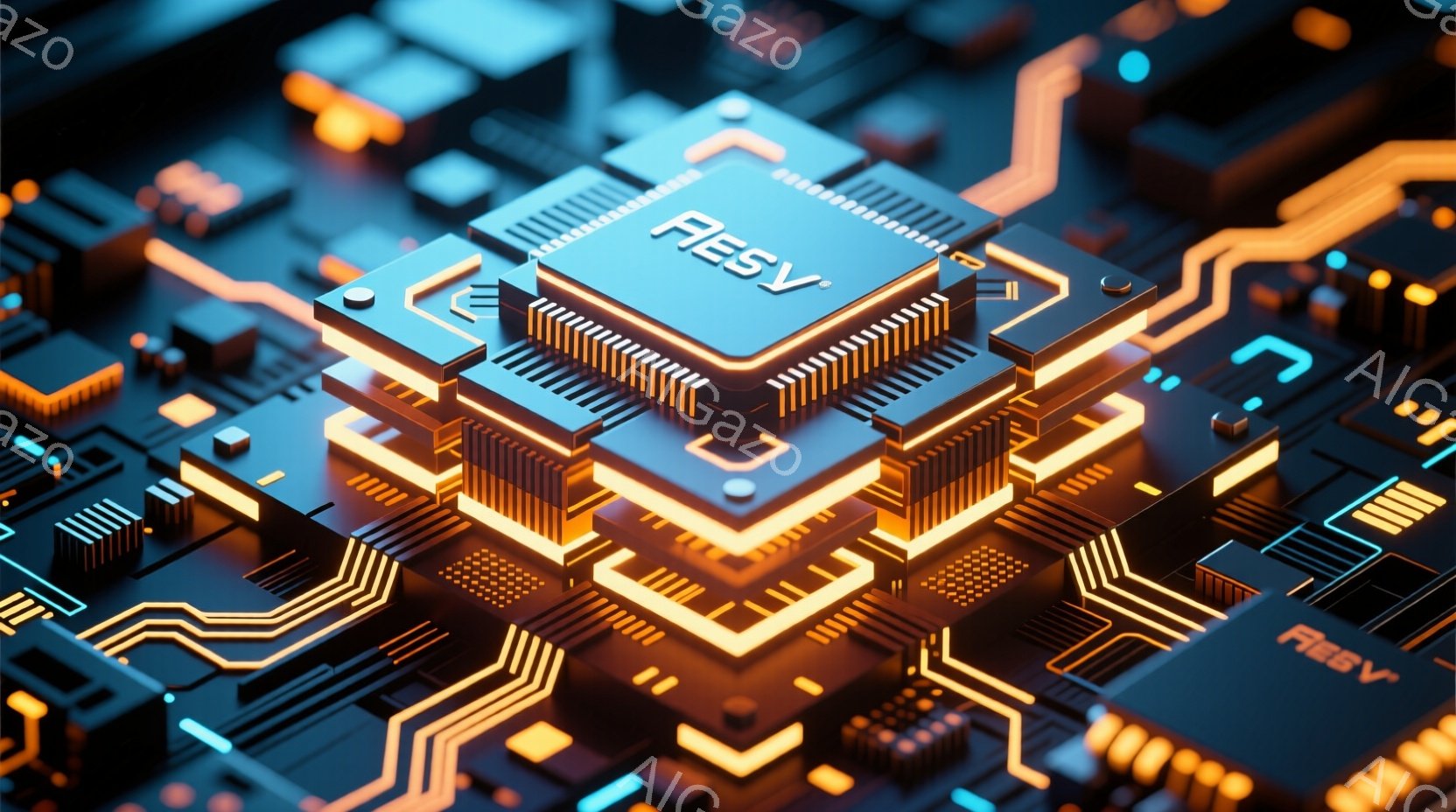 この画像は、複雑な電子回路基板のクローズアップであり、鮮やかなオレンジ色の光が回路全体を照らしています。「RESY」と書かれた中央のチップが際立っており、回路とつながる複雑なパターンが描かれています。 - AI生成フリー素材