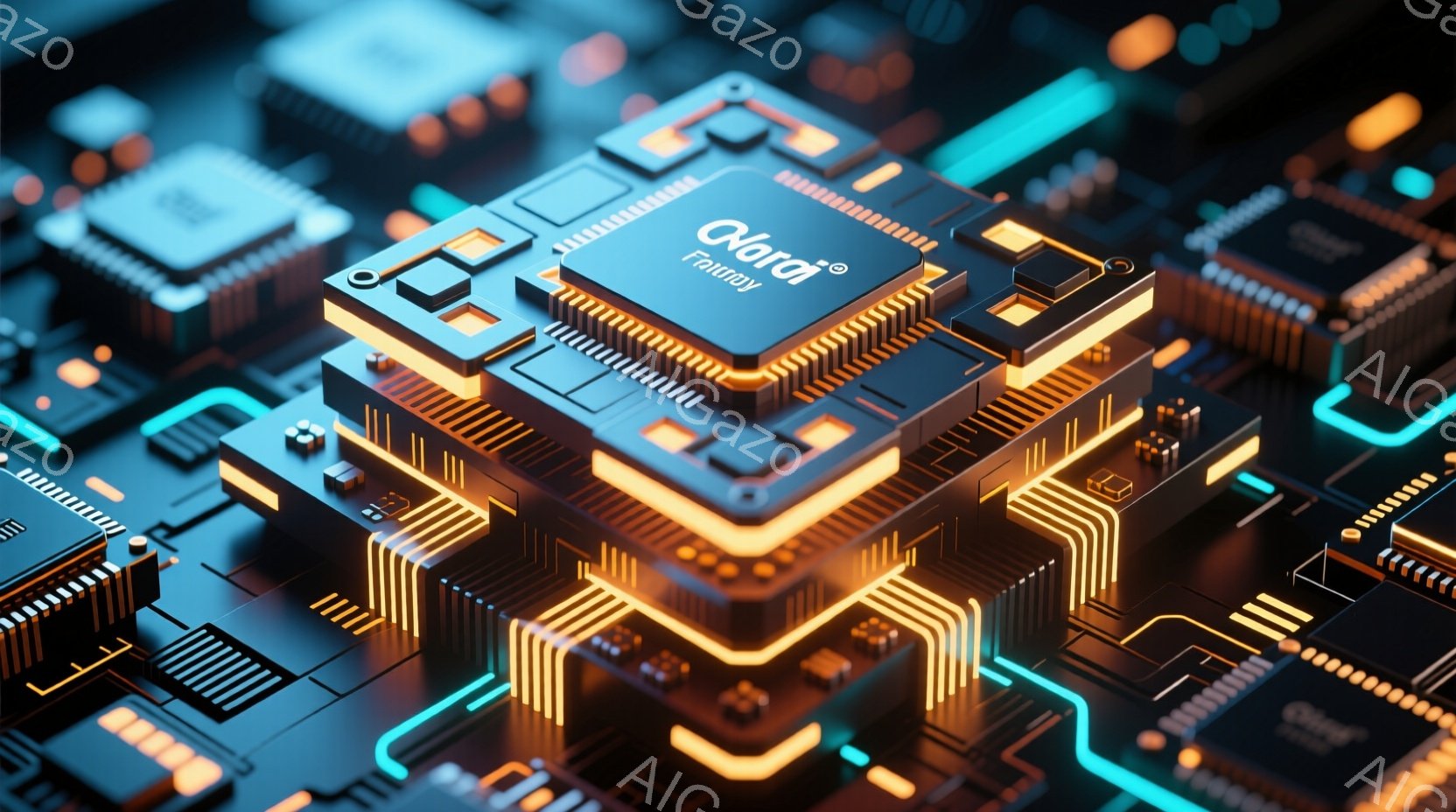 鮮やかなネオンカラーで照らされた、複雑な電子回路が描かれています。中央には「Vordra」と書かれたチップが配置され、周囲には多数の小型チップや配線が密集しています。未来的な雰囲気で、技術的な精密さを - AI生成フリー素材