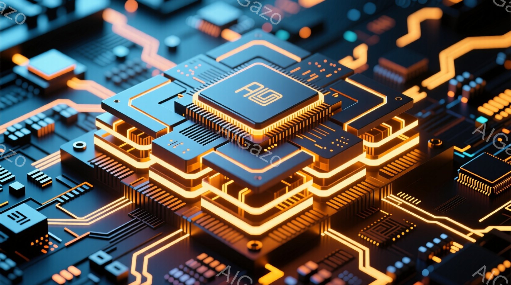 この画像は、複雑な回路基板の一部をクローズアップしたものです。中央には「AI」と記されたチップが配置され、金色の発光線で縁取られています。基板全体は、青と金色の光が織りなす未来的な雰囲気で、高度な技術 - AI生成フリー素材