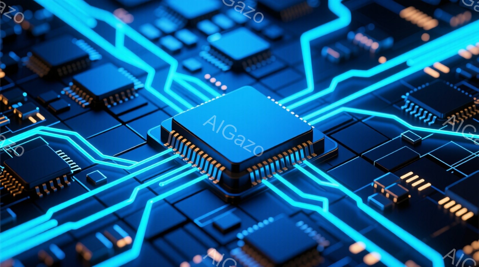 この画像は、青色の電子回路基板をクローズアップしたものです。中央には金色のピンを持つ四角いマイクロチップが配置され、周囲には複雑な配線が青く光っています。全体的に未来的な雰囲気で、テクノロジーの進歩やデジタル世界の洗練さを表現しているように見えます。