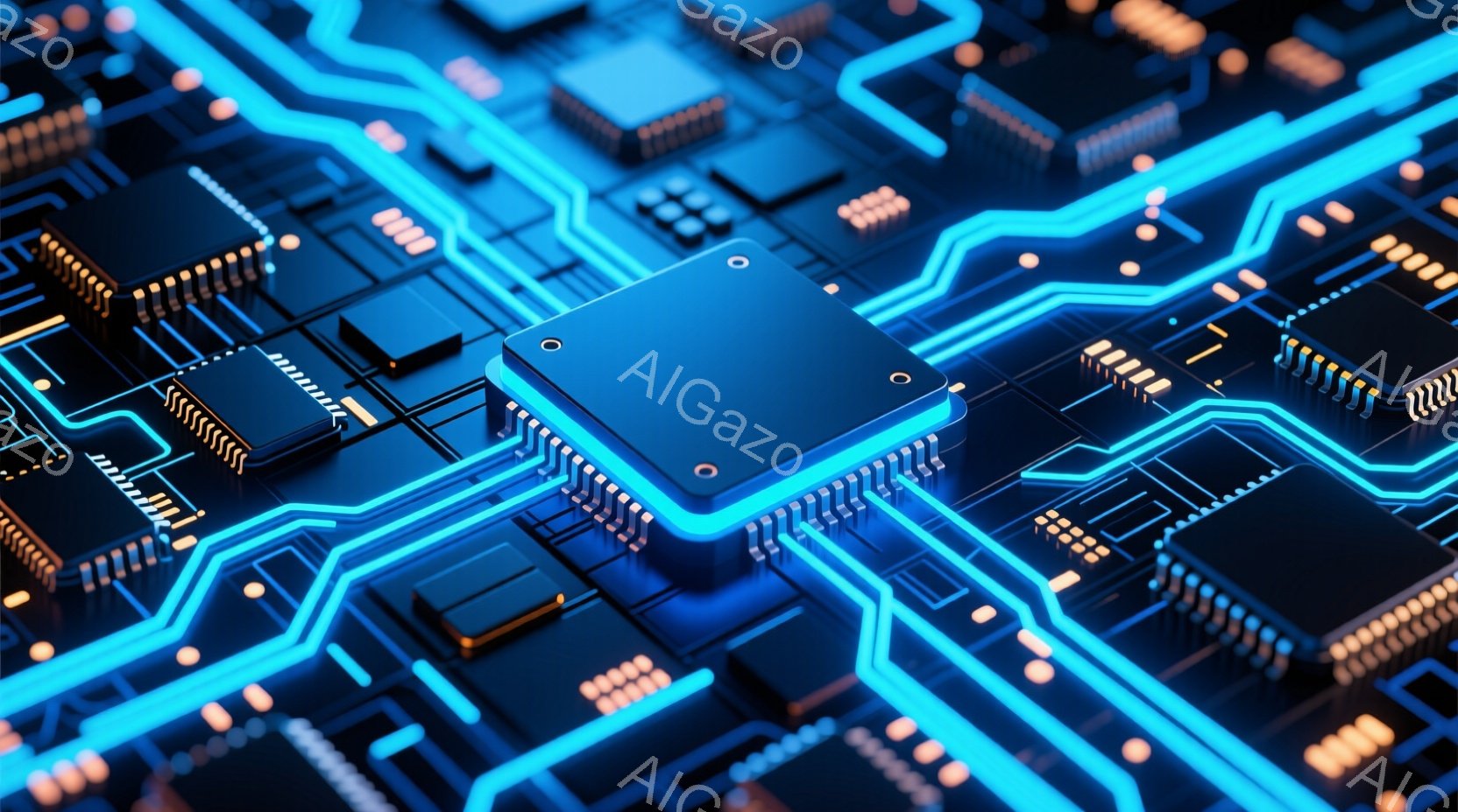 この画像は、回路基板をクローズアップしたもので、青とオレンジの光が流れています。中央には、主要なマイクロチップが配置され、その周囲には多数の小型電子部品が整然と配置されています。全体的に、先進的なテクノロジーと電気回路の複雑さを強調した、未来的な雰囲気を持っています。