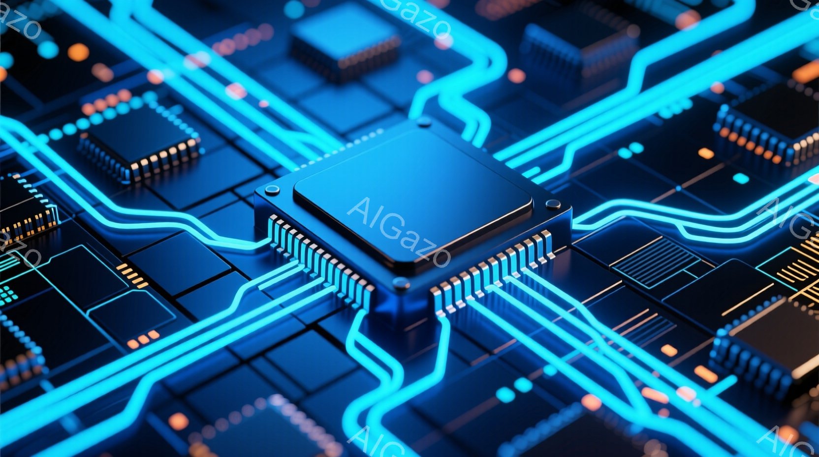 この画像は、暗い背景に青色の回路が複雑に配置された電子基板をクローズアップしたものです。中央には、銀色の四角いプロセッサが配置され、周囲には小さな電子部品が整然と並んでいます。鮮やかな青色の光が回路を照らし、未来的な技術の雰囲気を醸し出しています。