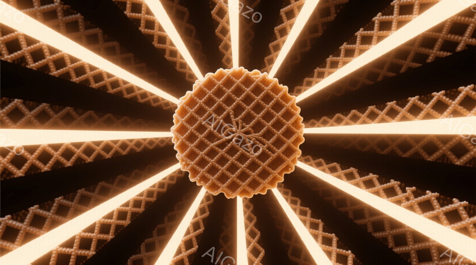 暗い背景に、中央に円形のビスケットのようなものが配置され、そこから放射状に光の線が広がっています。光の線は、小さな球体が連なったような形状をしており、全体的に暖かく幻想的な雰囲気を醸し出しています。この構成は、まるで光の渦巻きや、何かのエネルギーが集中しているかのような印象を与えます。