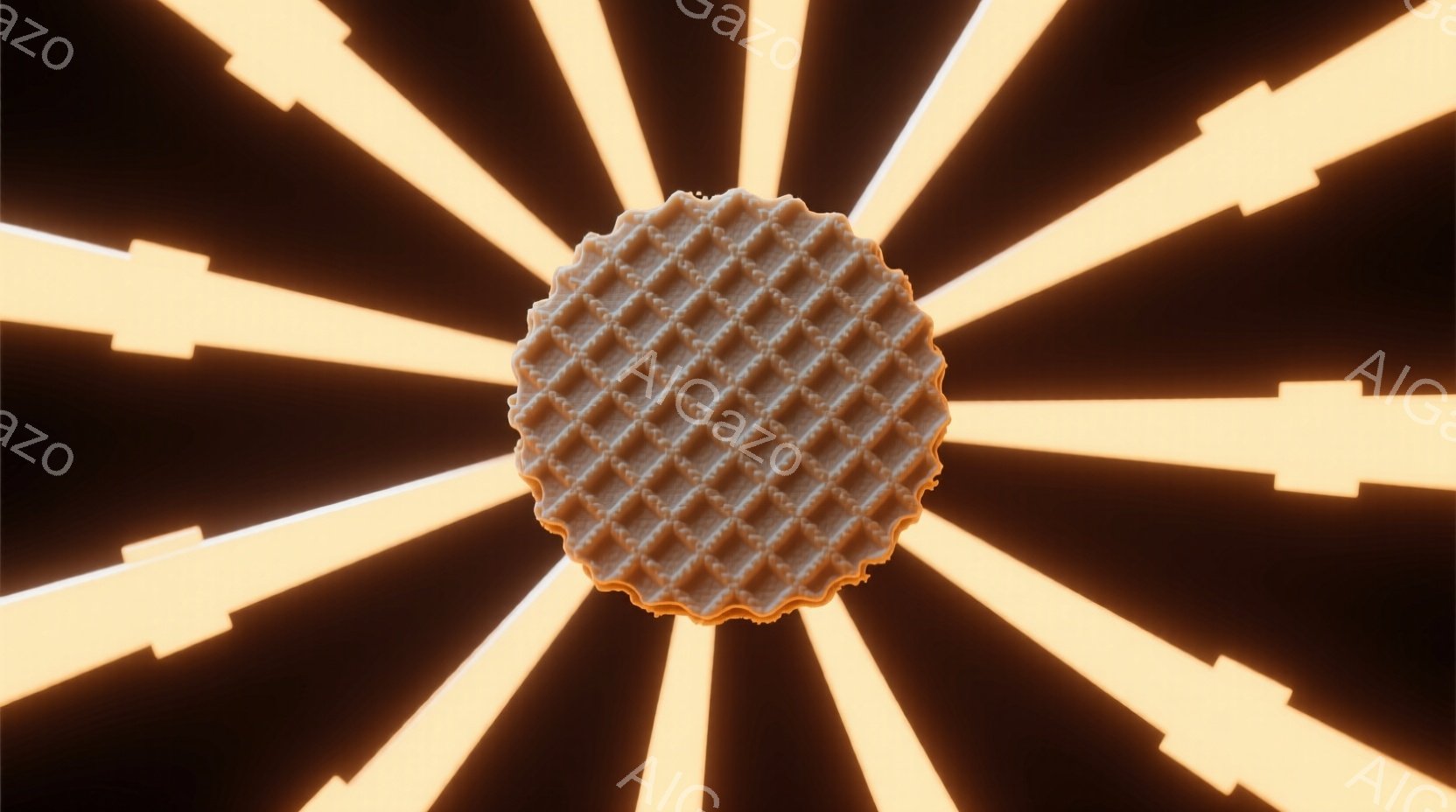 画像中央には、茶色の格子模様のクッキーが配置されています。背景は暗く、クッキーの周囲から放射状に伸びる明るい黄色の光線が印象的です。全体的に、クッキーがスポットライトを浴びているような、集中した雰囲気を作り出しています。