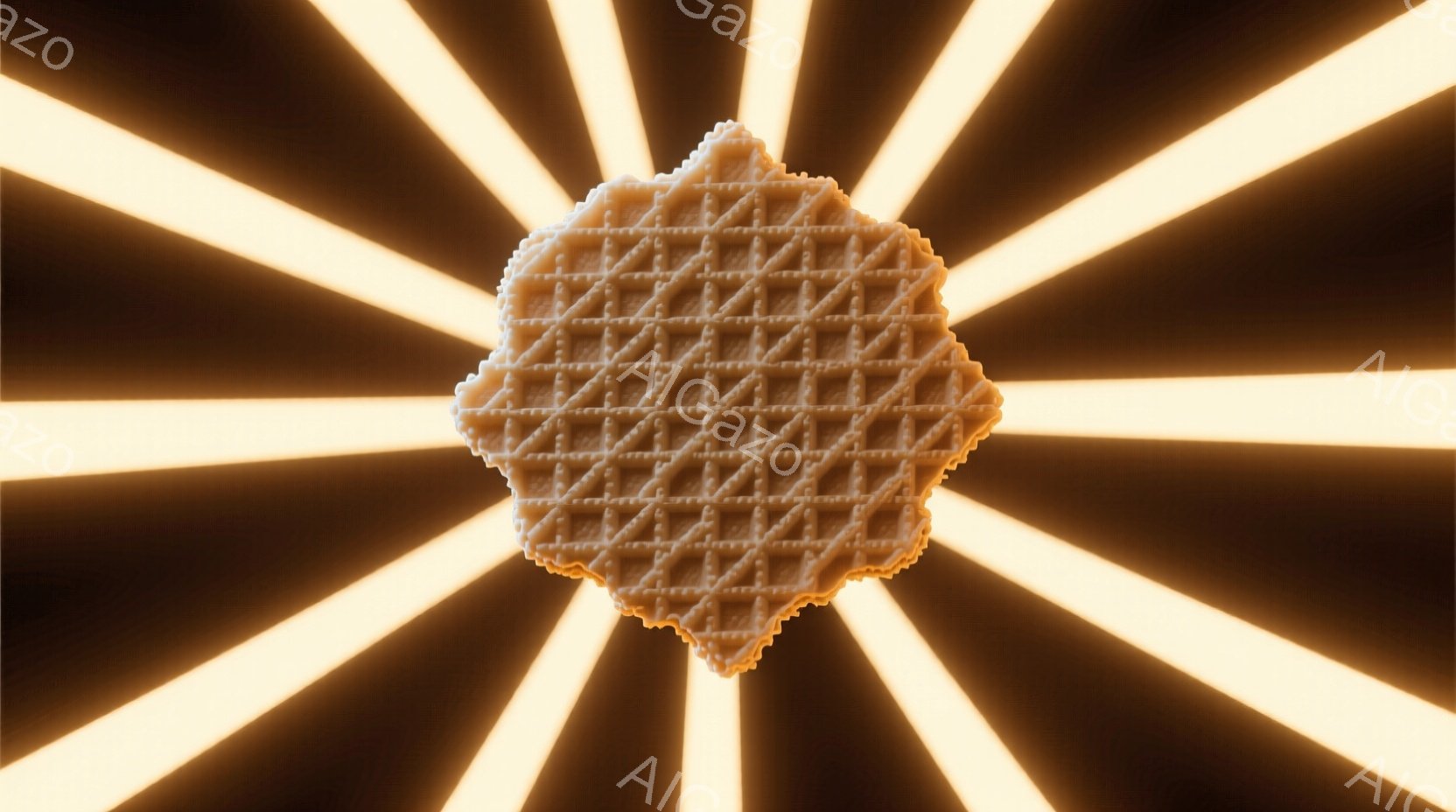 画像は、複雑な格子模様が施された、薄い茶色のワッフルのクッキーをクローズアップで捉えています。背景は暗く、放射状に伸びる鮮やかな黄色の光線がドラマチックな効果を生み出しています。この光の演出により、クッキーが強調され、まるでスポットライトを浴びているかのような印象を与えます。