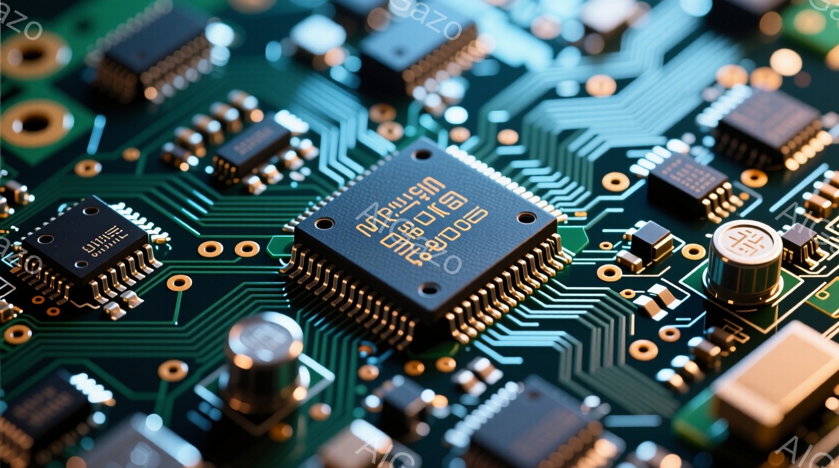 この画像は、緑色の回路基板をクローズアップしたもので、さまざまな電子部品が密集しています。中央には、銀色の大きなICチップが配置され、周囲には抵抗、コンデンサ、その他の小型部品が整然と並んでいます。精密な電子機器の内部構造を示しており、技術とイノベーションの雰囲気を醸し出しています。