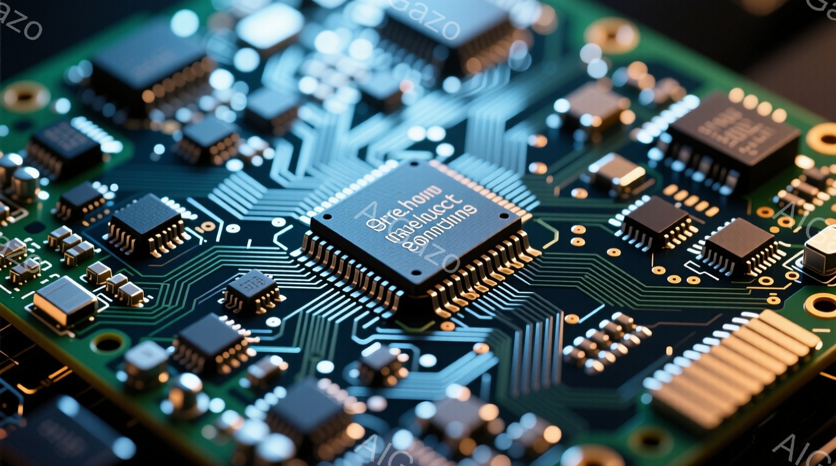 この画像は、緑色のプリント基板をクローズアップしたもので、様々な電子部品が複雑に配置されています。中央には大きなICチップが配置され、その周囲に抵抗、コンデンサ、その他の小型部品が整然と並んでいます。基板の配線は金色の細い線で描かれ、高密度で複雑な電子回路を構成しています。