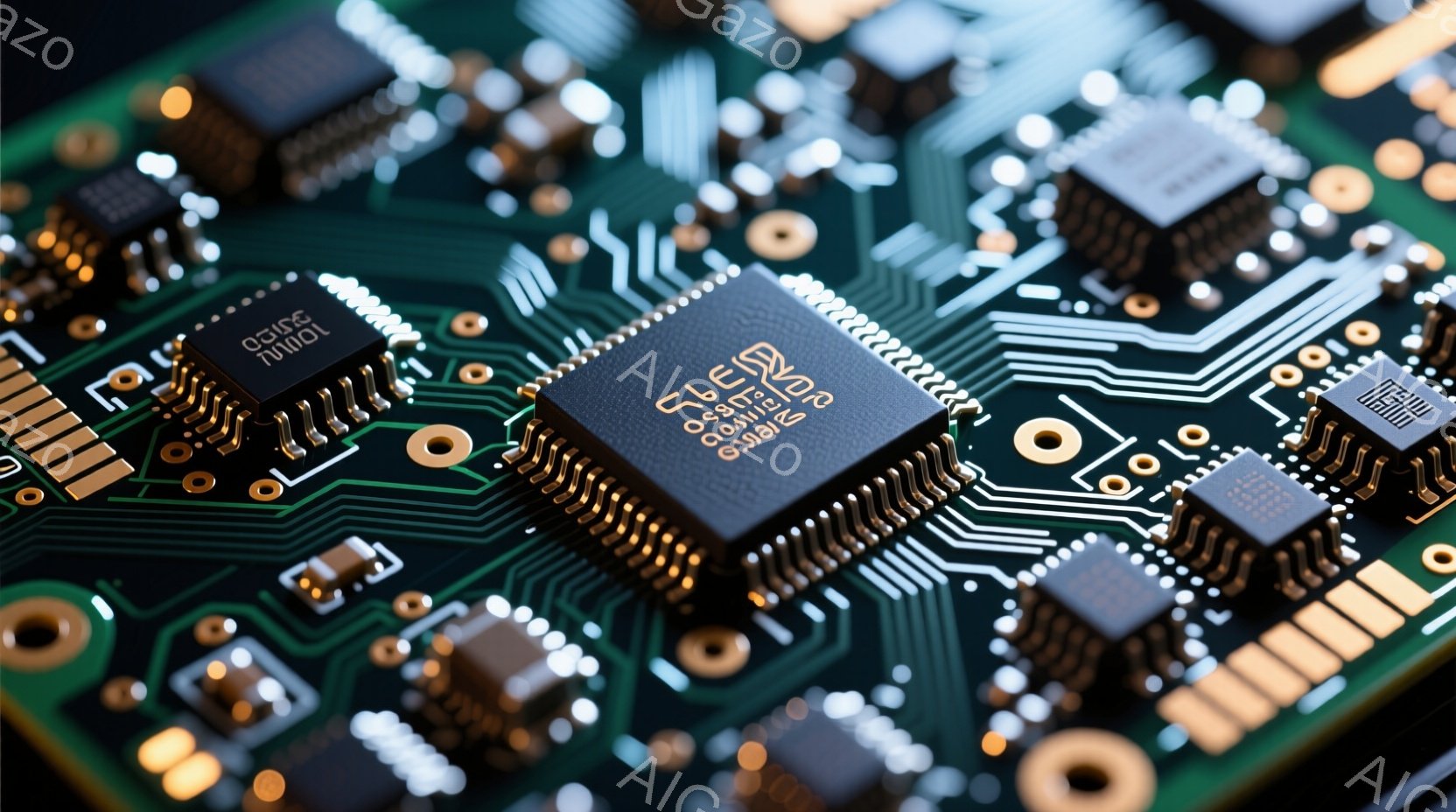 この画像は、緑色のプリント基板をクローズアップしたものです。様々な電子部品が密集しており、中央には黒色の大きなICチップが配置されています。基板上の金色の配線と小さな抵抗やコンデンサが、複雑な電子回路の構造を強調しています。