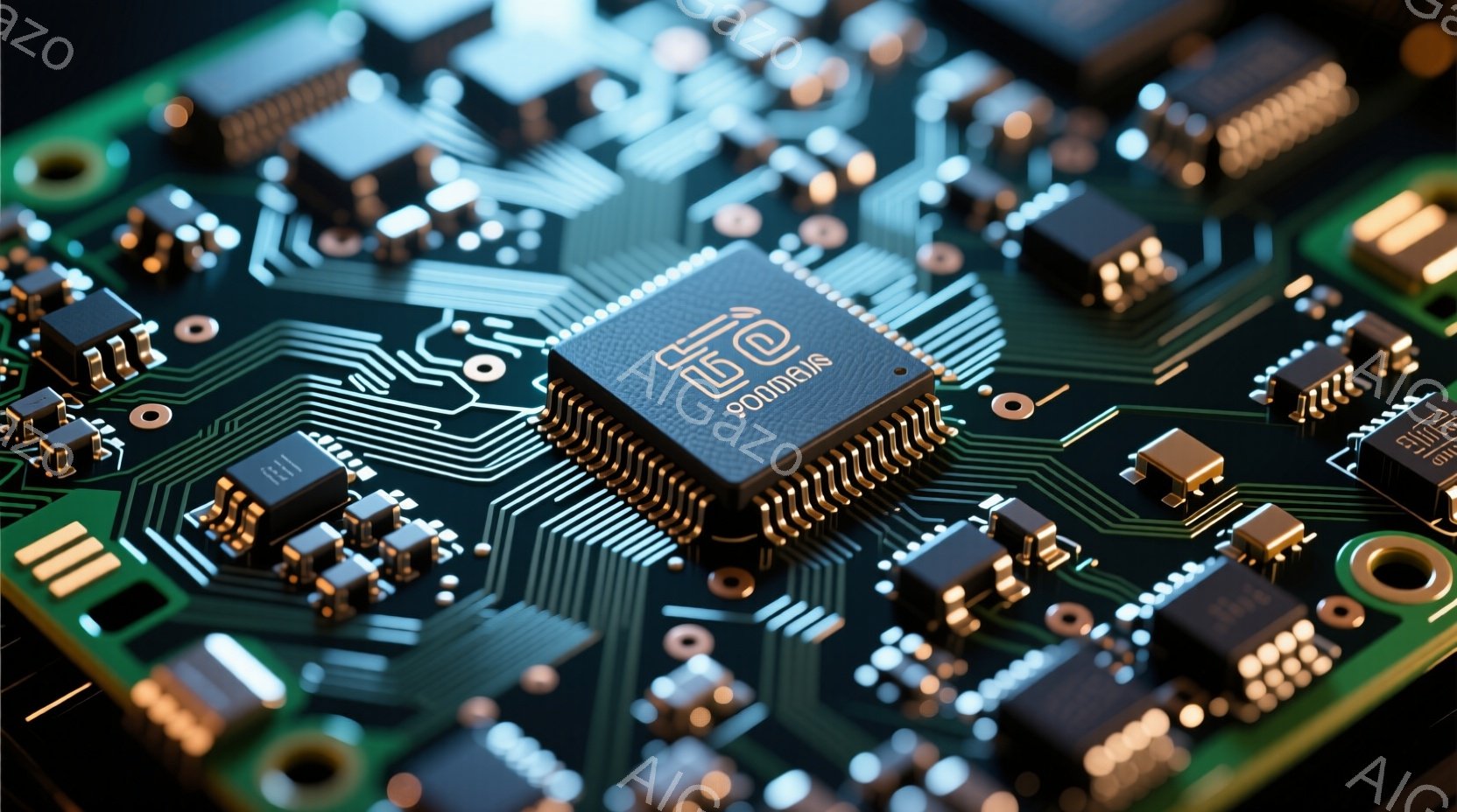 この画像は、緑色のプリント基板をクローズアップしたものです。基板上には、様々な電子部品が密集しており、中央には大型のICチップが配置されています。配線が複雑に走り、高度な技術が凝縮された印象を与えます - AI生成フリー素材