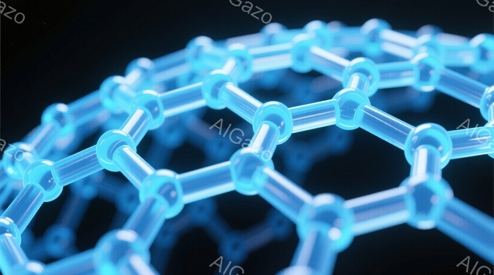この画像は、青色の六角形構造体が複雑に繋がった、分子レベルの視覚表現です。光沢のある球状の接点が棒状の結合で繋がれ、まるで蜂の巣のような形をしています。背景は暗いグレーで、構造体が浮かび上がっており、 - AI生成フリー素材
