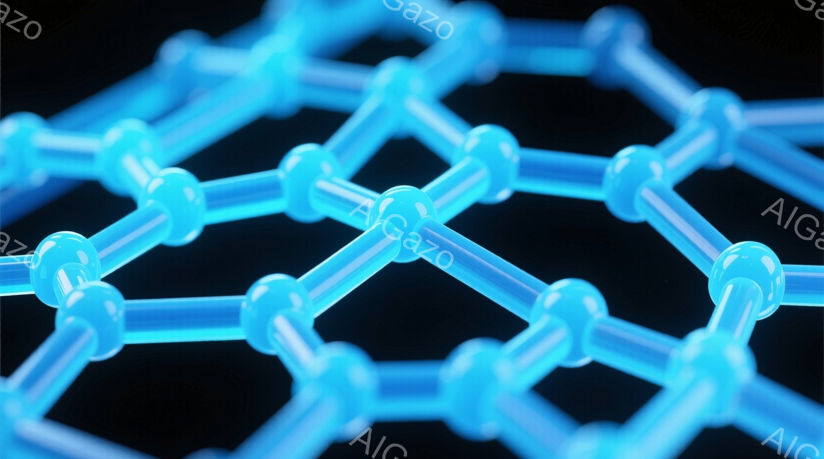 この画像は、青い棒状の構造物が六角形に連結された様子をクローズアップで捉えたものです。光沢のある素材と暗い背景とのコントラストが、分子構造やナノテクノロジーを彷彿とさせます。全体的に、未来的な科学技術を象徴するような、無機質で静かな雰囲気が漂っています。