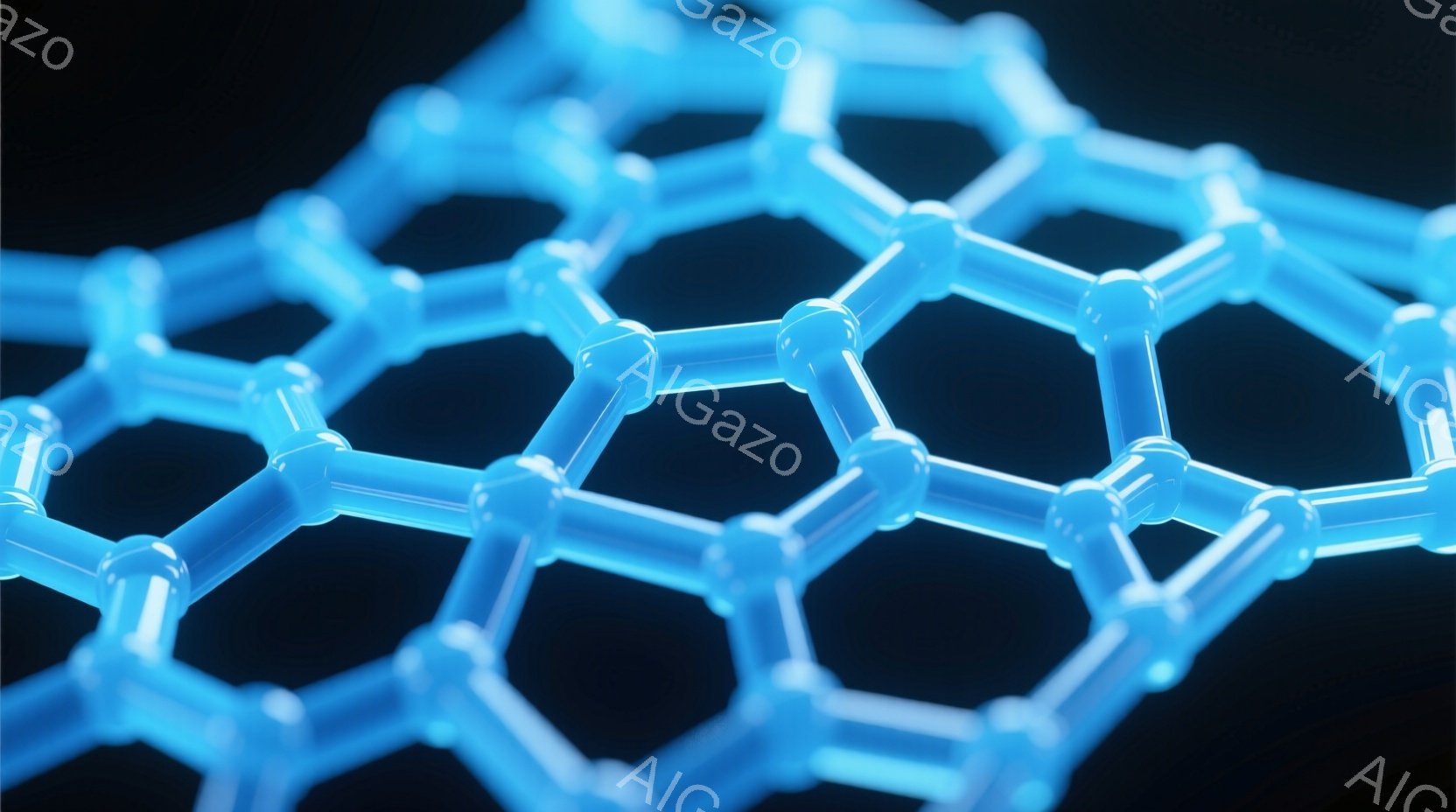 この画像は、規則的に配置された青色の六角形ネットワークのクローズアップです。各六角形は光沢があり、内部に光が反射しているように見え、高解像度で精密にレンダリングされています。背景は暗く、六角形の構造が - AI生成フリー素材