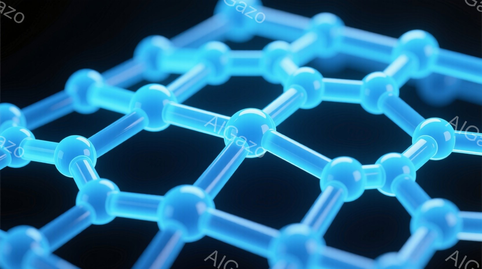 この画像は、青色の六角形ネットワーク構造が描かれており、各頂点は球体で接続されています。背景は暗く、構造が際立っています。全体的に、科学的で未来的な印象を与える画像です。 - AI生成フリー素材