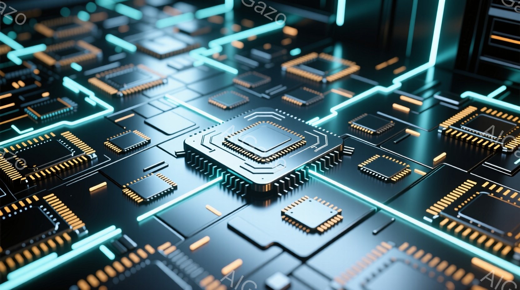 この画像は、複雑な電子回路基板をクローズアップしたもので、様々なチップや配線が幾何学的に配置されています。明るい水色の光が配線を縁取り、チップの金色の接点が鮮やかに映え、未来的な雰囲気を醸し出していま - AI生成フリー素材