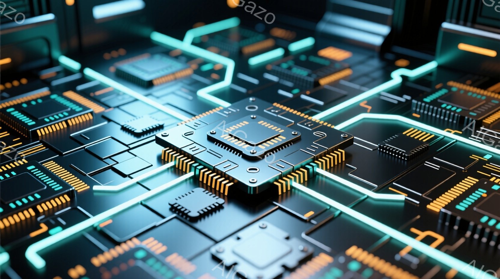 この画像は、未来的な回路基板をクローズアップで捉えています。鮮やかな青色の光が流れるように回路を照らし、オレンジ色のラインが接続を強調しています。全体的に、高科技で洗練された雰囲気であり、デジタル世界の抽象的な表現として解釈できます。