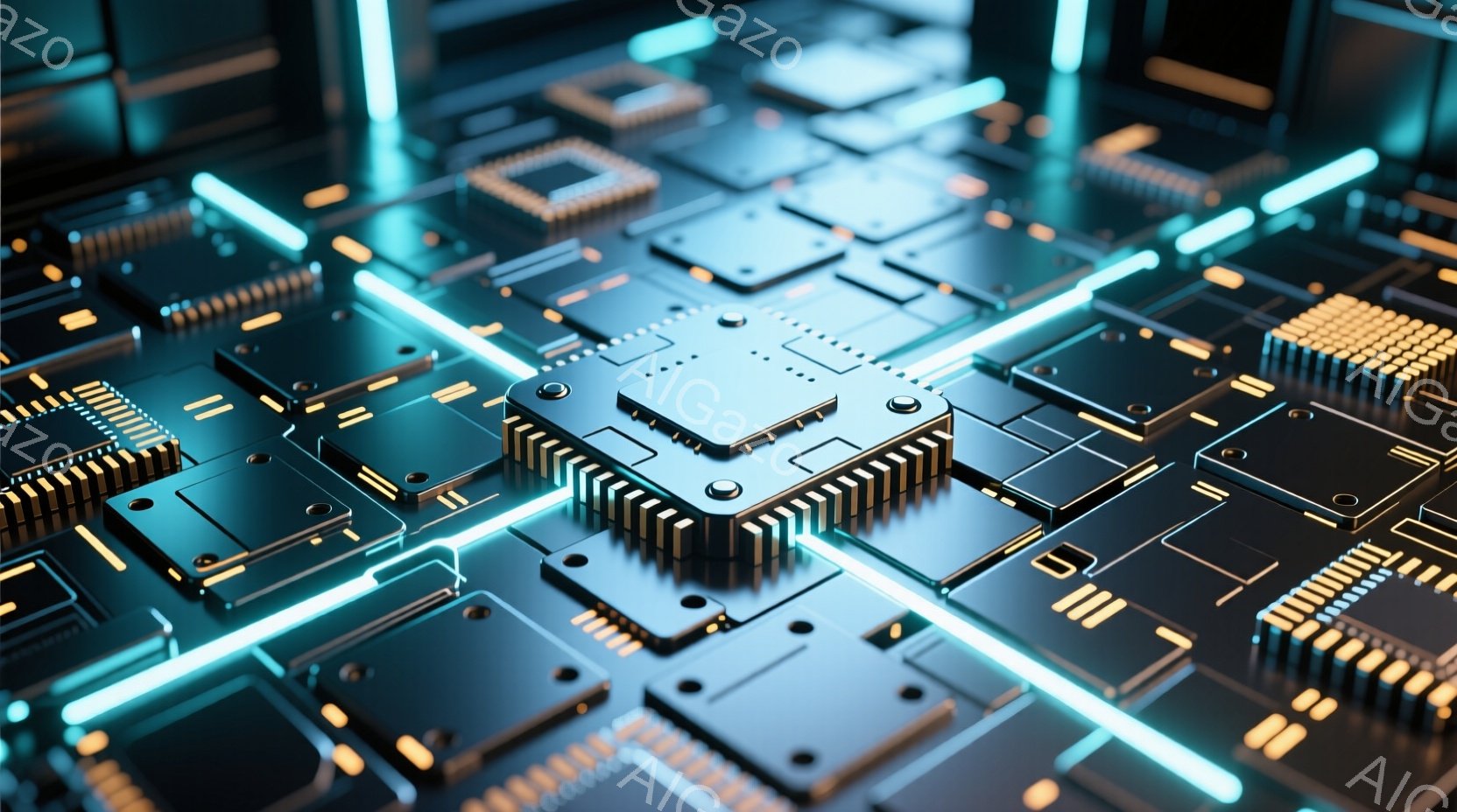 この画像は、複雑な回路基板の近接ショットで、青と黒を基調とした金属的な質感のチップが規則的に並んでいます。明るい青色の光のラインが回路を強調し、未来的な雰囲気を作り出しています。全体的に、高技術で精密な電子機器内部の様子を表しており、精密さと技術力の象徴とも言えるでしょう。