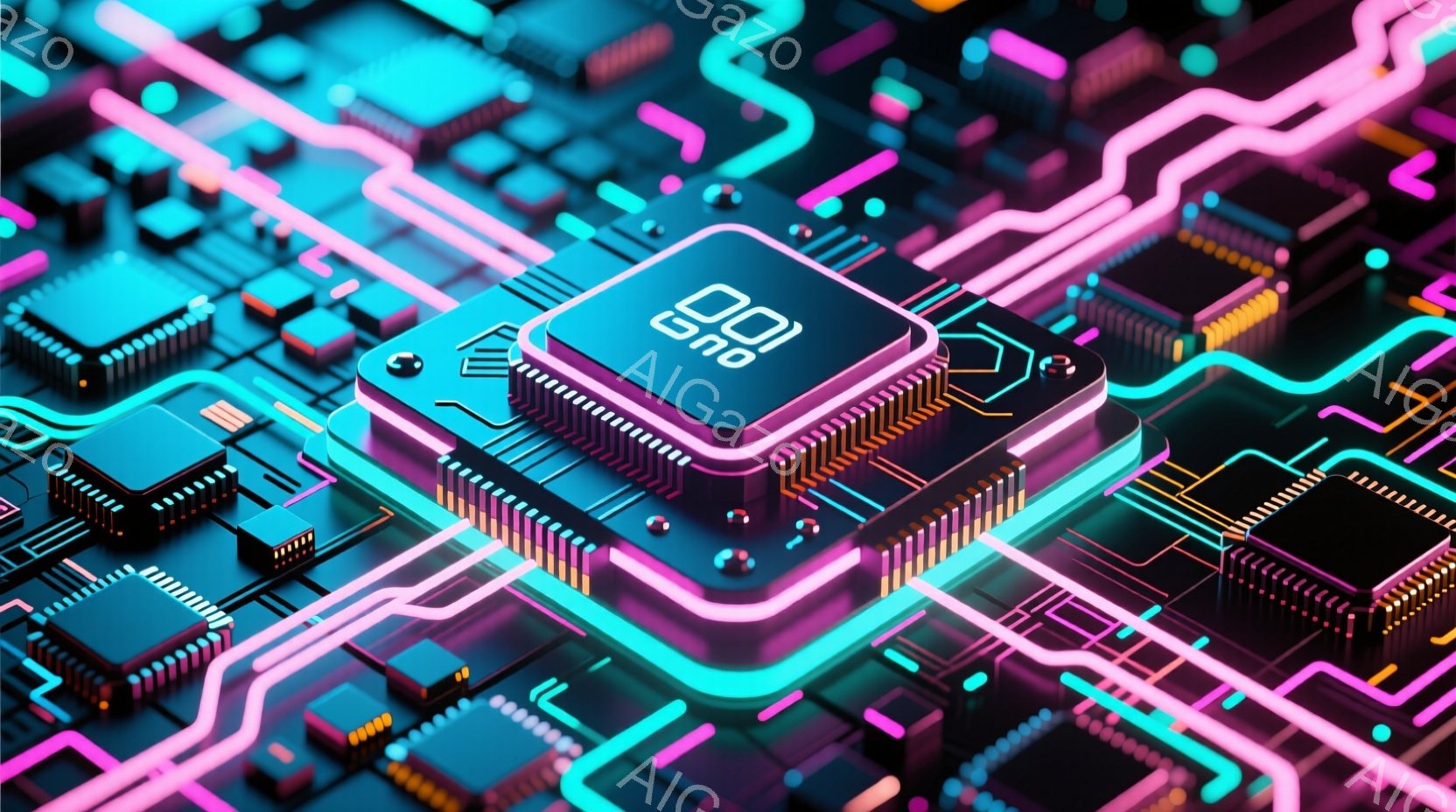 この画像は、鮮やかなネオンカラーの回路基板をクローズアップしたものです。中央には大型のCPUチップが配置され、その周囲には様々な電子部品が密集しています。全体的に未来的な雰囲気で、テクノロジーの進化を象徴するような印象を与えます。