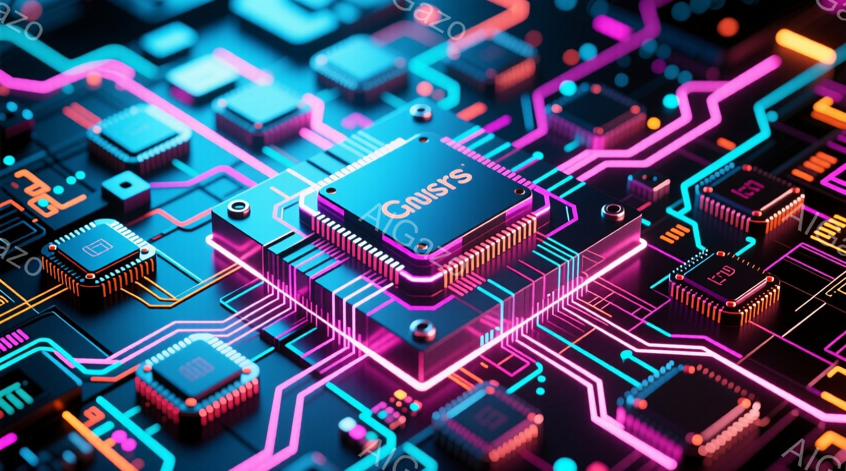 この画像は、鮮やかなネオンカラーの回路基板をクローズアップしたものです。中央には「Gnisrs」と書かれた大型のICチップがあり、周囲には小さなチップや配線が複雑に配置されています。全体的に未来的な雰 - AI生成フリー素材