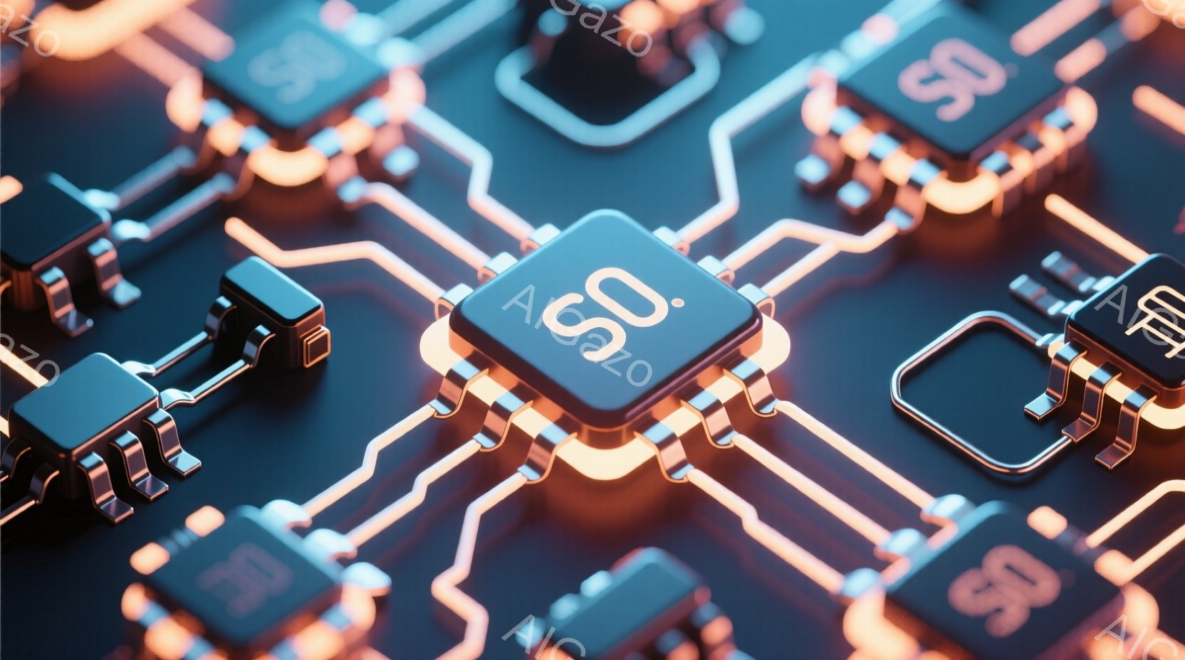 画像は電子回路基板をクローズアップしたもので、オレンジ色の発光ダイオードが配線に沿って配置されている。基板には「SO」と書かれた複数のチップが配置され、複雑な回路網が構築されている様子が伺える。全体的に近未来的な雰囲気を醸し出しており、テクノロジーと精密さを強調している。