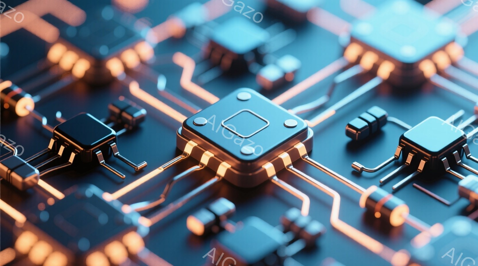 この画像は、複雑な電子回路基板をクローズアップで捉えたものです。金色の配線が青色の基板上を網目状に走り、複数の黒いICチップが配置されています。全体的に未来的で技術的な印象を与え、精密さと複雑さを強調しています。