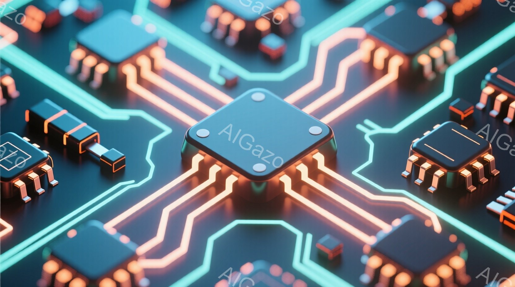この画像は、電子回路基板をクローズアップしたもので、様々な電子部品が複雑に配置されている様子がわかる。鮮やかなターコイズブルーとオレンジ色の光が回路パターンを照らし、未来的な雰囲気を作り出している。基 - AI生成フリー素材