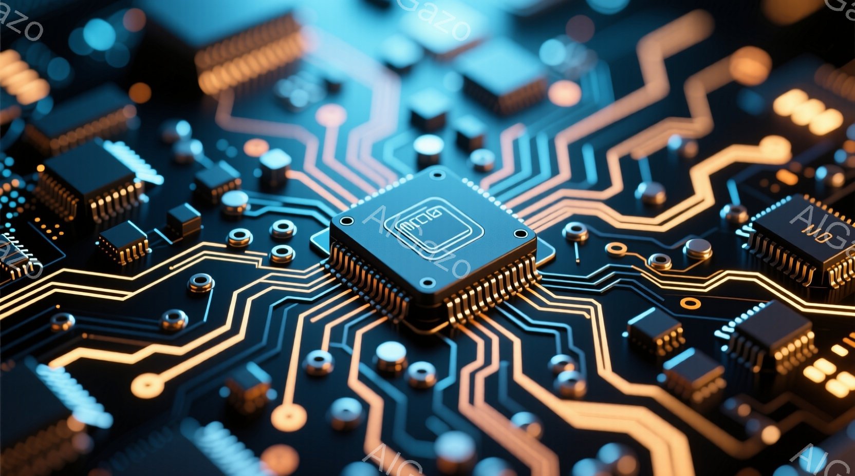 この画像は、複雑な回路基板をクローズアップしたものです。金色の線が黒い基板上を網の目のように走り、様々な電子部品が配置されています。鮮やかな光が回路に反射し、ハイテクで未来的な雰囲気を醸し出しています - AI生成フリー素材