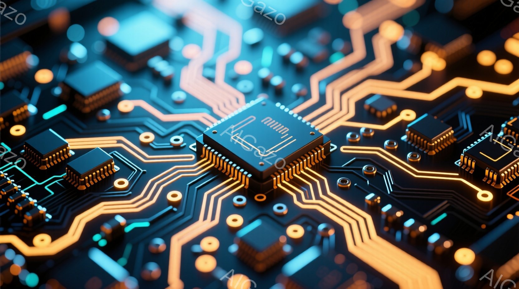 この画像は、複雑な電子回路基板をクローズアップで捉えたものです。金色の回路線が青色の基板上を網の目のように走り、様々な電子部品が配置されています。鮮やかな色彩と光の反射が、近未来的なテクノロジーの雰囲気を醸し出しています。