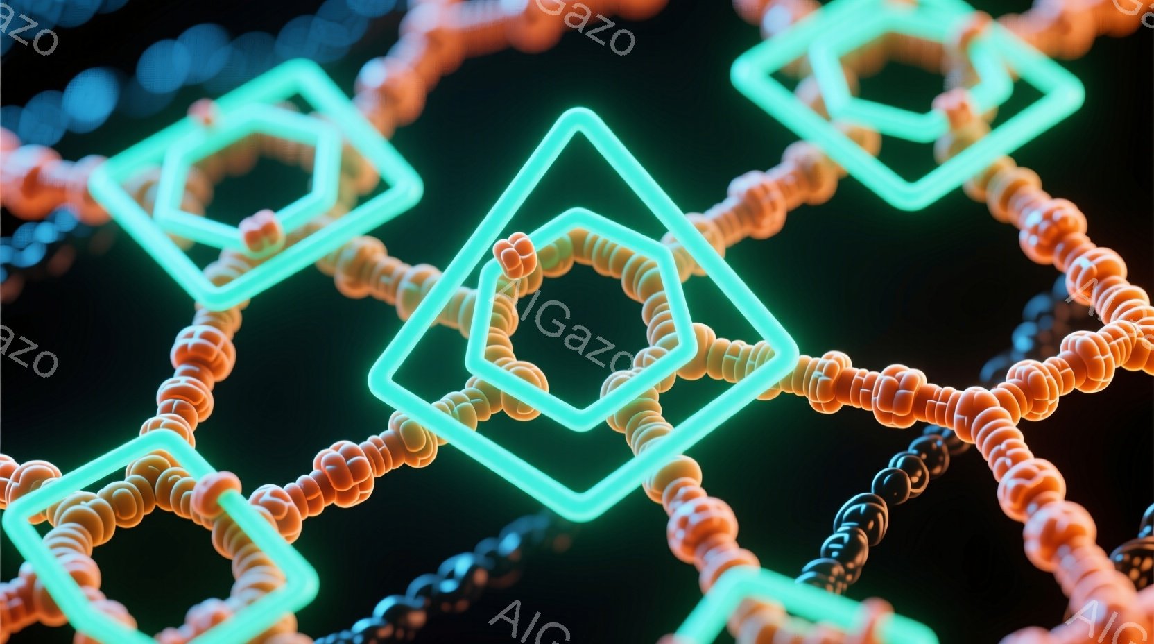 この画像は、明るいターコイズブルーの正方形が、オレンジ色の小さな球が連なった鎖状の構造物の中に配置された、CGレンダリングのイメージです。背景は暗く、まるで宇宙空間のような深い黒色で、構造物が浮き立っ - AI生成フリー素材