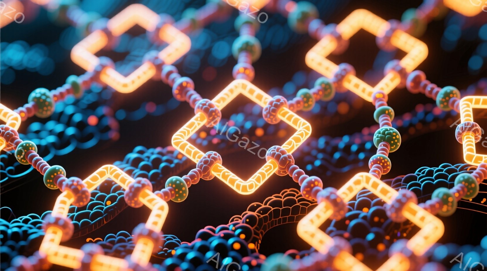 画像は、鮮やかなオレンジ色の発光する正方形が、カラフルな球体で構成された複雑な網の目のような構造の中に浮かび上がっている様子を捉えています。球体は、赤、緑、青、オレンジなど多様な色合いを持ち、全体的に未来的な科学的デザインを強調しています。背景は暗く、発光する構造が際立ち、まるでナノテクノロジーや分子構造を視覚化したような印象を与えます。