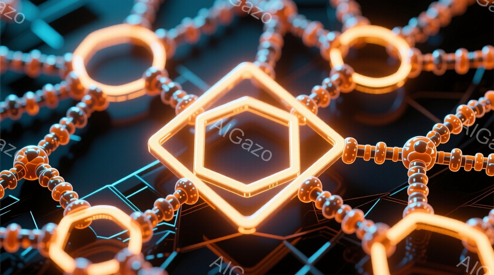 鮮やかなオレンジ色の光を放つ六角形のフレームが、グリッド状の青い回路基板の上に浮かび上がっています。フレームは、玉状のオレンジ色のオブジェクトが繋がったチェーンによって繋がれており、未来的な技術やネッ - AI生成フリー素材