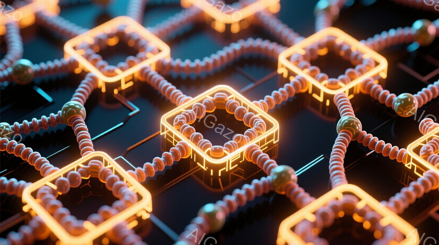 この画像は、暗い背景に浮かぶ、光るオレンジ色の四角形と、それらをつなぐねじれた管状の構造が特徴です。管は明るいオレンジ色で、小さな球体で構成されており、複雑なネットワークを形成しています。 全体的な雰 - AI生成フリー素材