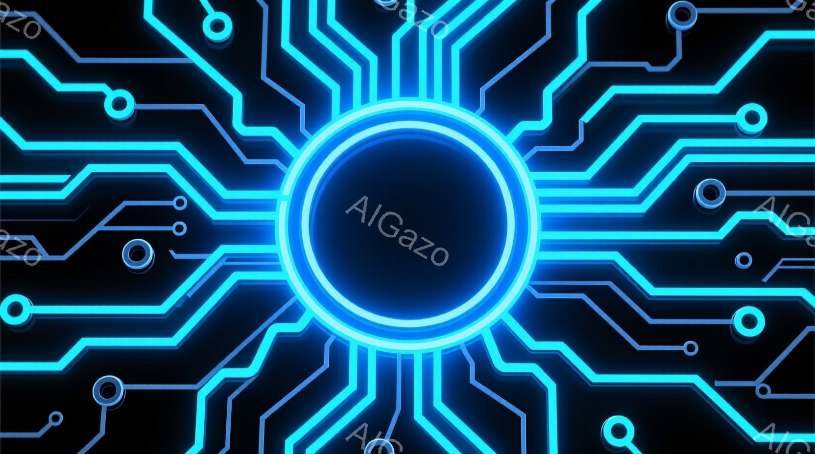 漆黒の背景に、鮮やかな青色の回路が放射状に広がった抽象的なイメージです。中央には、より明るい青色の円が配置され、回路の中心点として機能しています。全体的に近未来的でテクノロジーを感じさせる雰囲気です。