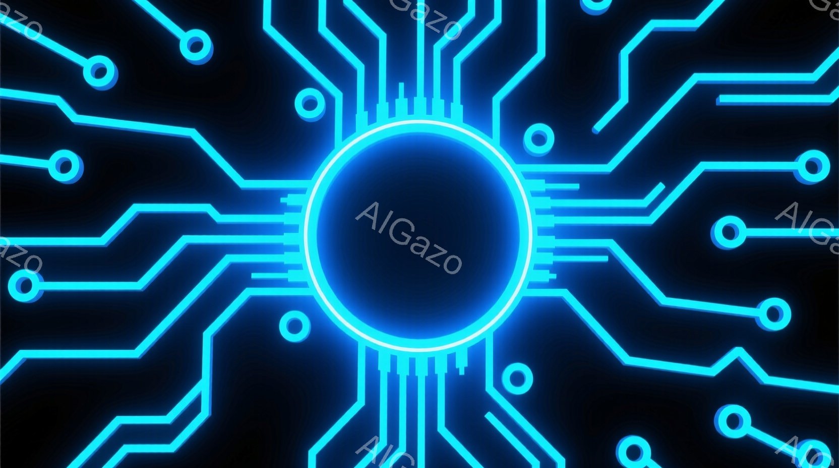 鮮やかなネオンブルーの回路図が黒色の背景に描かれています。中央には円形の光るコアがあり、そこから放射状に細い線が伸びて接続されています。全体的に未来的な、テクノロジーを感じさせる印象的な画像です。