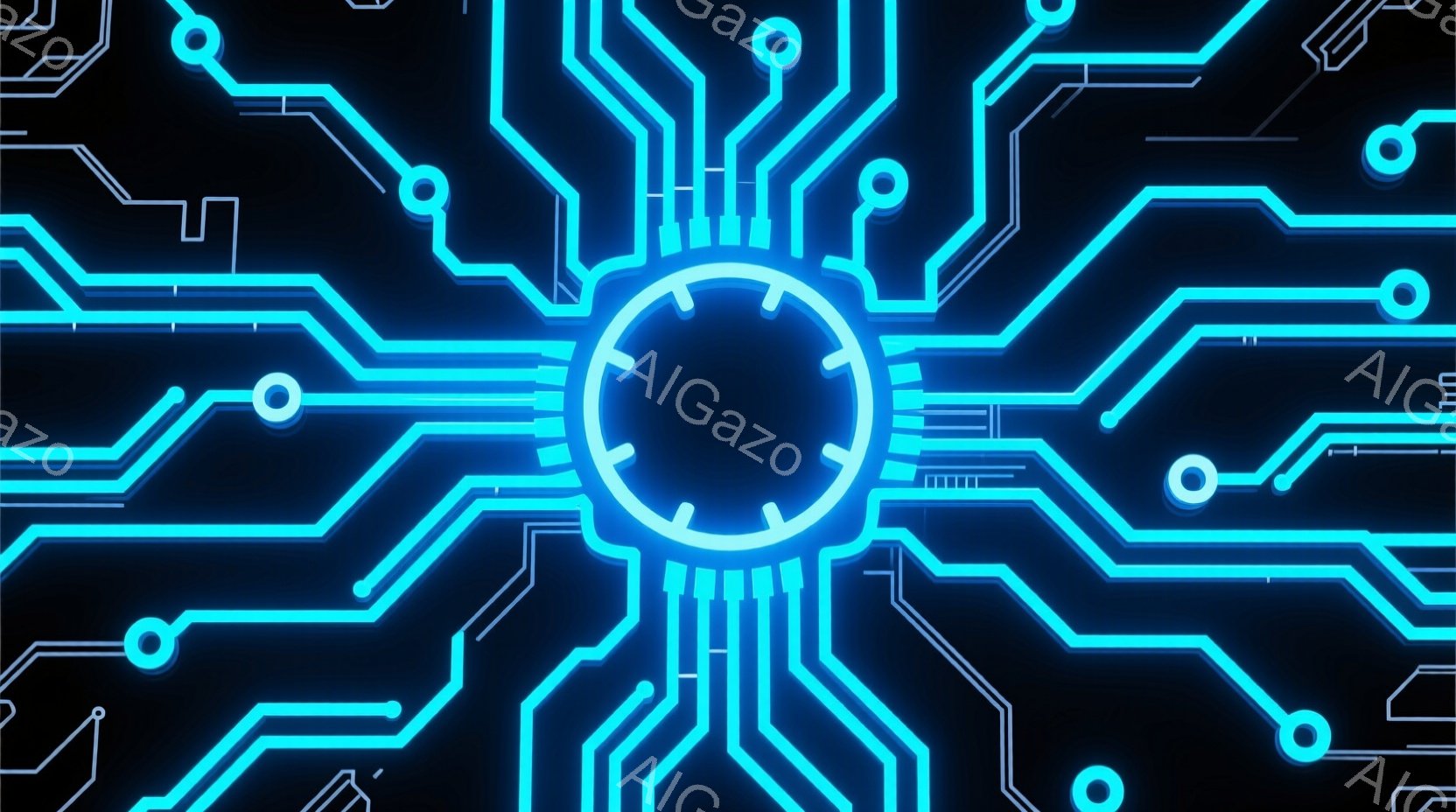 鮮やかな青色の回路が黒い背景に広がり、中心に向かって収束する様子が描かれている。回路は幾何学的な線と円で構成され、未来的でテクノロジーを感じさせるデザインである。全体的にクールで、デジタル世界の内部構 - AI生成フリー素材