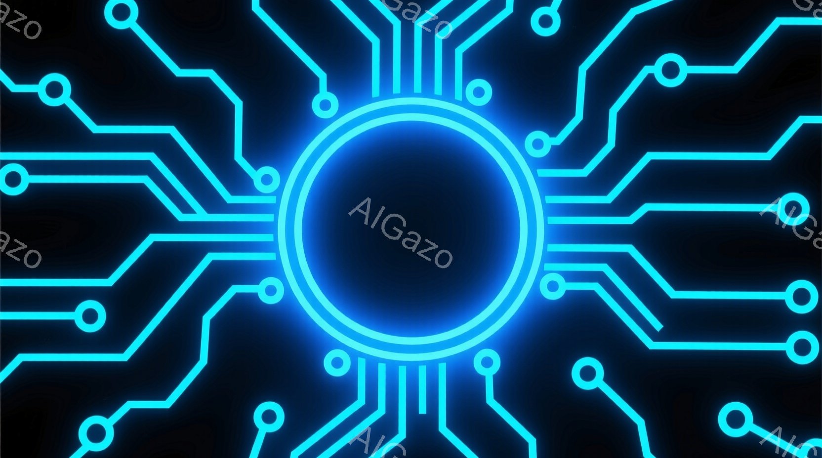 漆黒の背景に、発光する青色の回路図のような模様が描かれています。中心にはより明るい青色の円があり、そこから放射状に細い線が伸び、円形の接点が等間隔に配置されています。全体的に未来的なテクノロジーやデジ - AI生成フリー素材