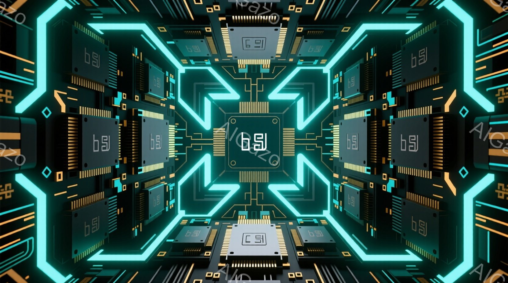 鮮やかなネオンブルーの光が幾何学的なトンネルを照らし出している。壁面には複雑な回路パターンが刻まれ、中央に向かって収束していくような視覚効果を生み出している。未来的なデジタル空間を彷彿とさせる、サイバーパンク的な雰囲気である。