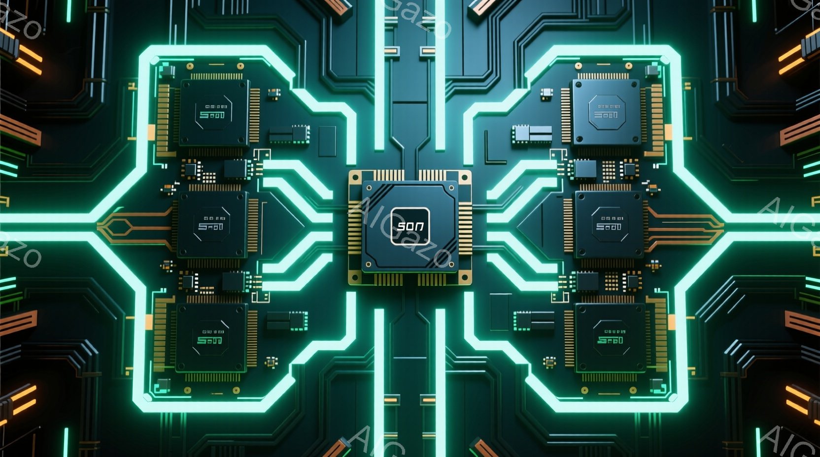 この画像は、発光する緑色の回路図のようなデザインで構成されています。中央には黒い長方形があり、「SON」という文字が白く表示され、その周囲に複雑な電子部品が配置されています。全体的に未来的な雰囲気で、 - AI生成フリー素材
