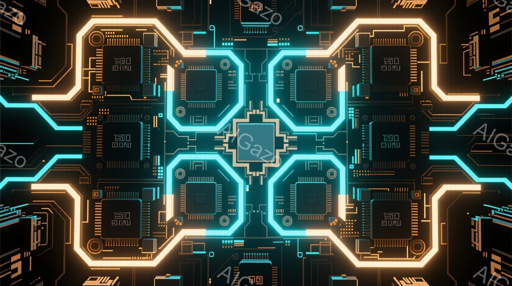 鮮やかなターコイズブルーの回路が、黒色の背景に幾何学的に配置された抽象的なイメージです。回路は発光しており、複雑なパターンと接続が確認できます。全体的に未来的な、サイバーパンク的な雰囲気を持った、デジ - AI生成フリー素材