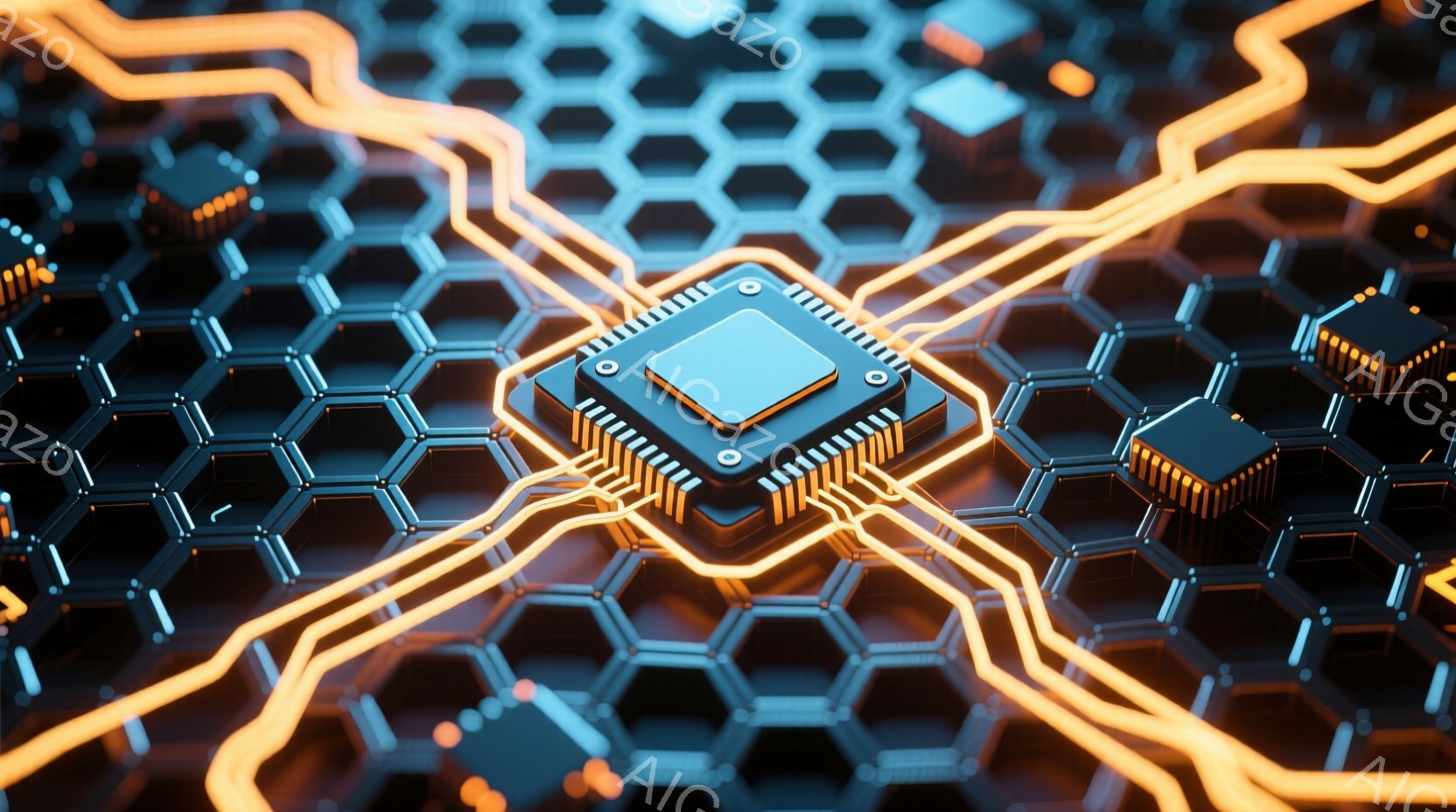 画像は、六角形の背景に、発光するオレンジ色の回路線が複雑に走る様子を捉えています。中央には、青色の半導体チップが配置され、精密な電子機器の内部構造を想起させます。全体的に、未来的なテクノロジーと精密さ - AI生成フリー素材