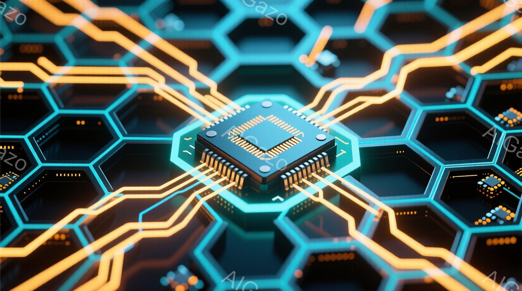 鮮やかなターコイズと黒色の六角形が、複雑な回路のようなパターンで配置されています。中央には、金色のピンを持つコンピューターチップが配置され、光を反射しています。全体的に、未来的な技術を連想させる、鮮やかでダイナミックな雰囲気です。