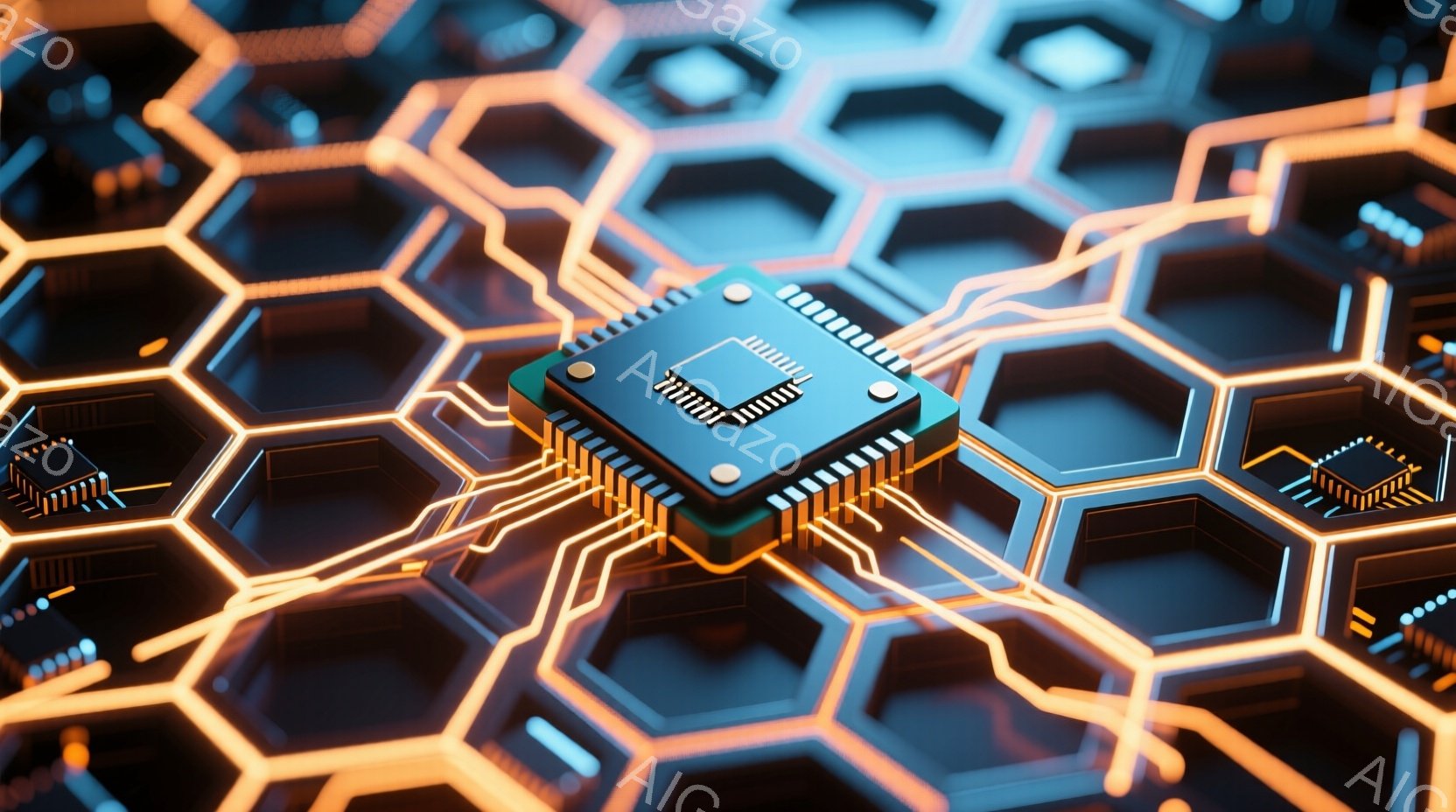この画像は、六角形のグリッド状の背景に、緑色の集積回路（ICチップ）が配置されたクローズアップです。ICチップは、金色の配線で縁取られた黒い六角形の中に配置され、鮮やかなオレンジ色の光がその周囲を照らしています。全体として、未来的なテクノロジーと電子機器の精密さを強調した、高解像度で鮮やかなイメージです。