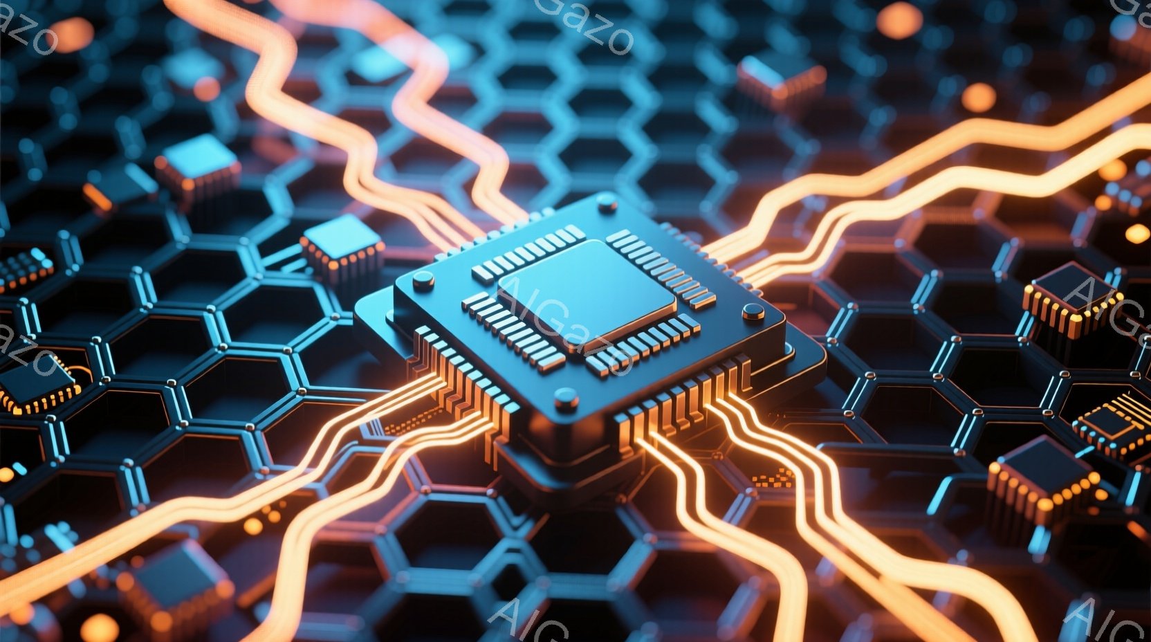 この画像は、六角形の背景に配置された電子回路とマイクロチップをクローズアップしたものです。マイクロチップは鮮やかなオレンジ色の光るラインで結ばれ、複雑なネットワークを形成しています。全体的に、未来的でテクノロジーを感じさせる、鮮やかで大胆な雰囲気です。