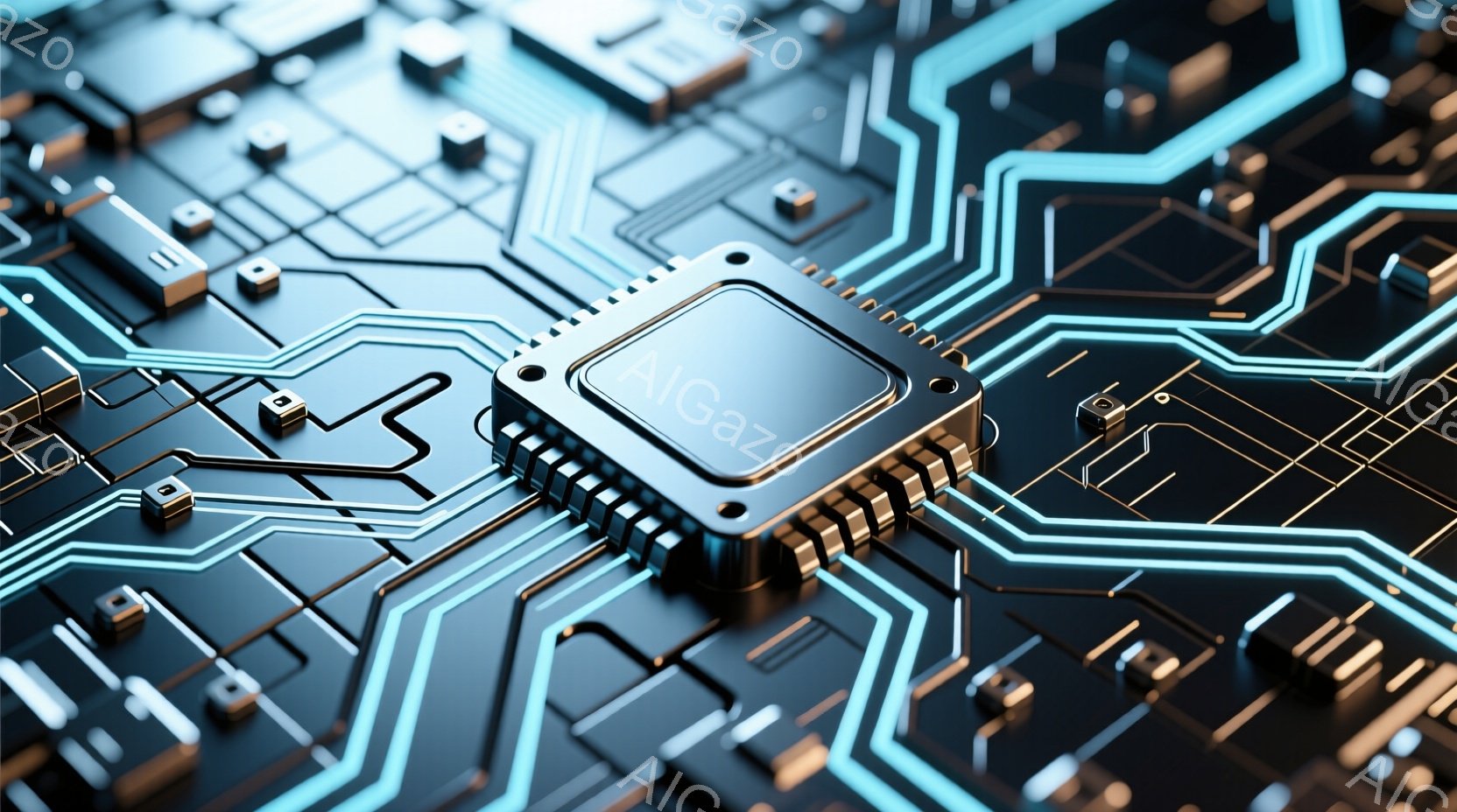 この画像は、複雑な電子回路基板をクローズアップしたものです。青い光が走る配線が黒い基板上を網の目のように走り、中央には銀色のチップが配置されています。未来的なテクノロジーを象徴する、鮮やかで緻密な印象を与える画像です。