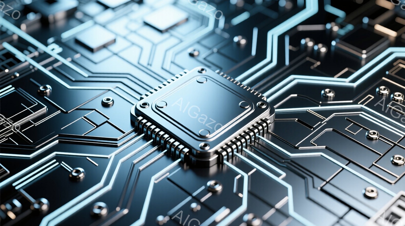 この画像は、複雑な回路基板をクローズアップしたものです。銀色の基板上に、青色の発光する線が網の目のように広がり、中央には黒い四角いチップが配置されています。全体的に未来的な雰囲気で、技術的な精密さを強調しています。
