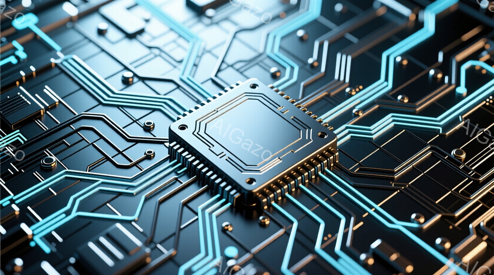 この画像は、複雑な回路基板のクローズアップです。鮮やかな水色の線が金属色の基板上に複雑なパターンを描き、中央には銀色の四角いチップが配置されています。全体的に未来的な技術と精密さを感じさせる、抽象的で - AI生成フリー素材