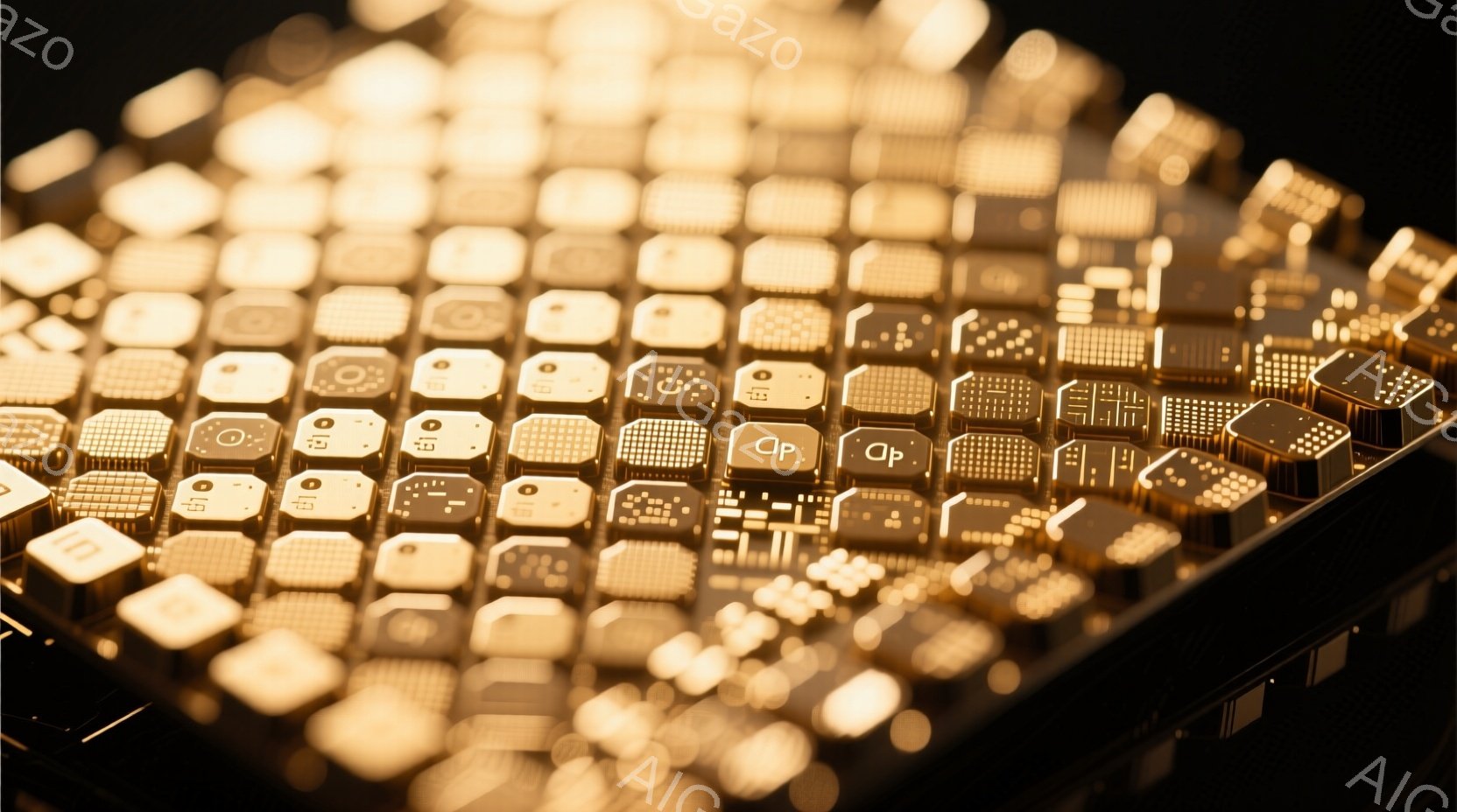 画像は金色の電子部品が密集して並んだ様子を捉えており、微細な回路やチップが規則的に配置されているのが確認できる。背景は暗く、部品の金色が際立っており、高度な技術や精密さを感じさせる印象を与える。 全体的に、精密機器の内部構造や、高度な技術が凝縮された様子を表現している。
