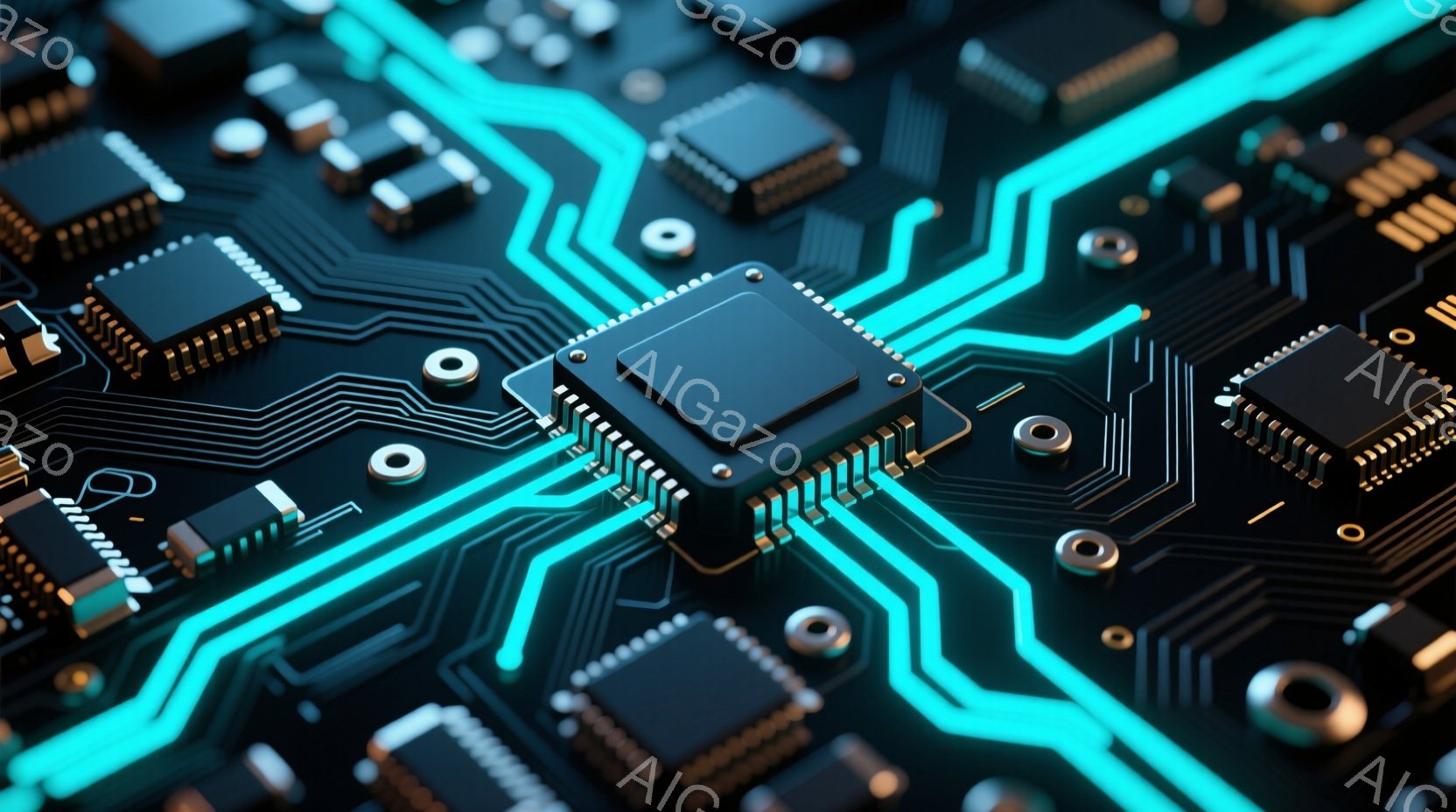 この画像は、黒色の基板上に配置された電子部品のクローズアップです。鮮やかなターコイズブルーの光が回路パターンに沿って流れ、複雑なテクノロジーの内部構造を強調しています。部品は様々な形と大きさで配置され、現代の電子機器の精巧さを表現しています。