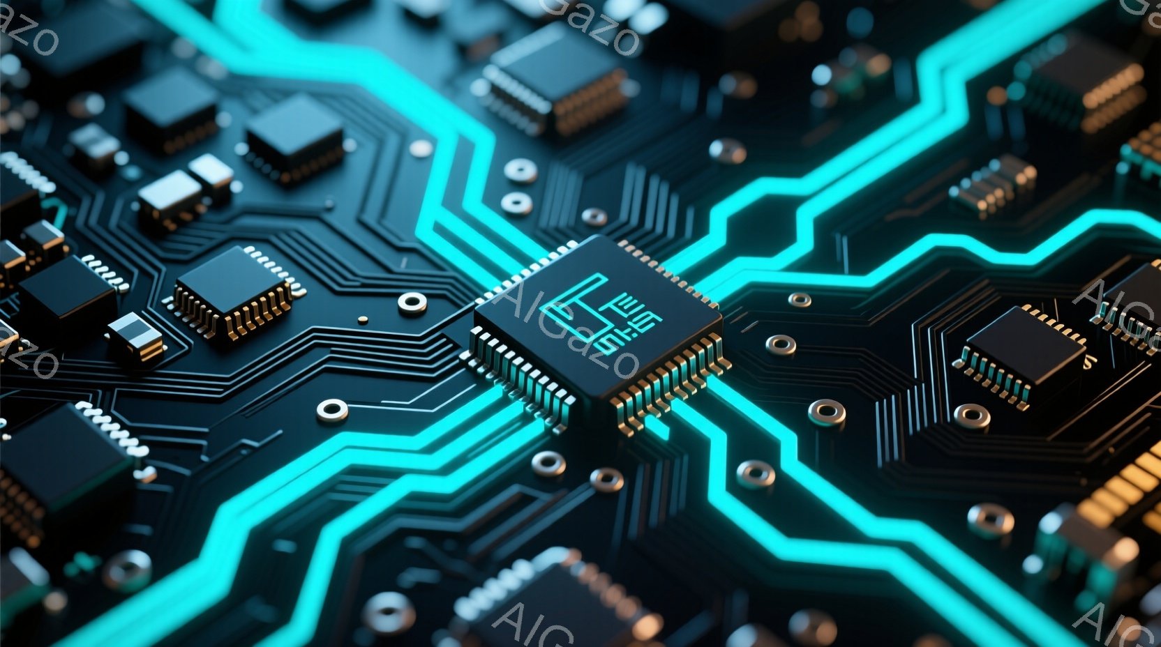 この画像は、複雑な電子回路基板のクローズアップです。鮮やかなターコイズブルーの配線が黒い基板上を網の目のように走り、様々な電子部品が密集しています。基板全体が、テクノロジーと精密さを感じさせる近未来的な雰囲気を醸し出しています。