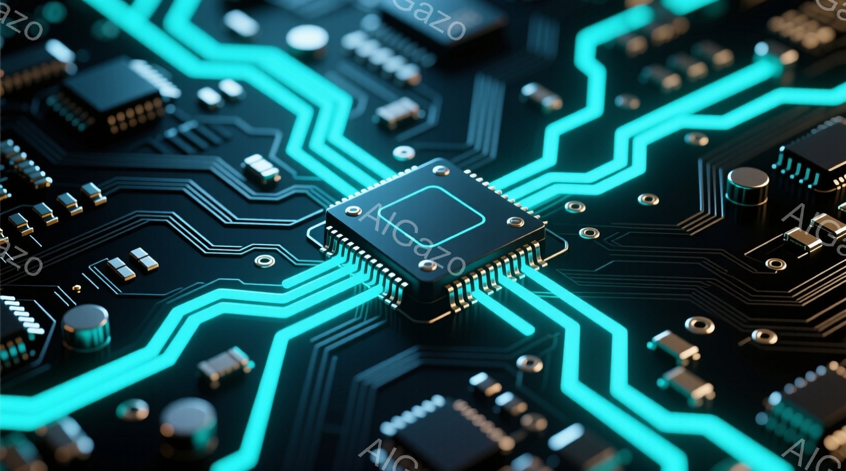 この画像は、複雑な電子回路基板をクローズアップしたもので、鮮やかなターコイズブルーのラインが回路を強調しています。黒色の基板上には、様々な電子部品（ICチップ、抵抗、コンデンサなど）が配置され、未来的な技術の印象を与えます。鮮やかな色彩と精密なディテールが、高度な技術と革新的なデザインを表現しています。