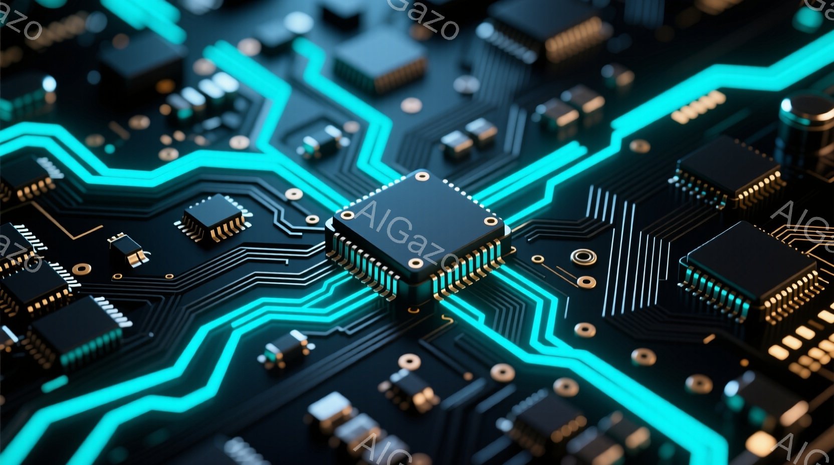 この画像は、電子回路基板のクローズアップであり、様々な電子部品が複雑に配置されています。明るい水色の線が回路を強調し、黒い基板と金色の部品がコントラストをなしています。全体的に、未来的なテクノロジーと - AI生成フリー素材